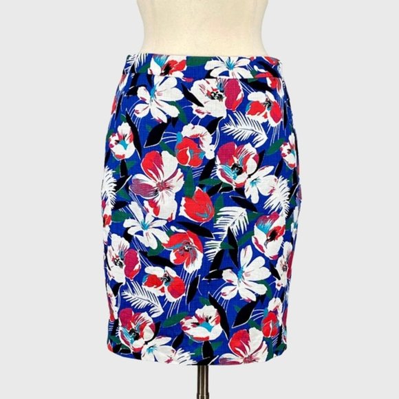 J Crew Womens Tropical Floral Print Pencil Skirt Blue Red Cotton size 4 - Picture 1 of 10